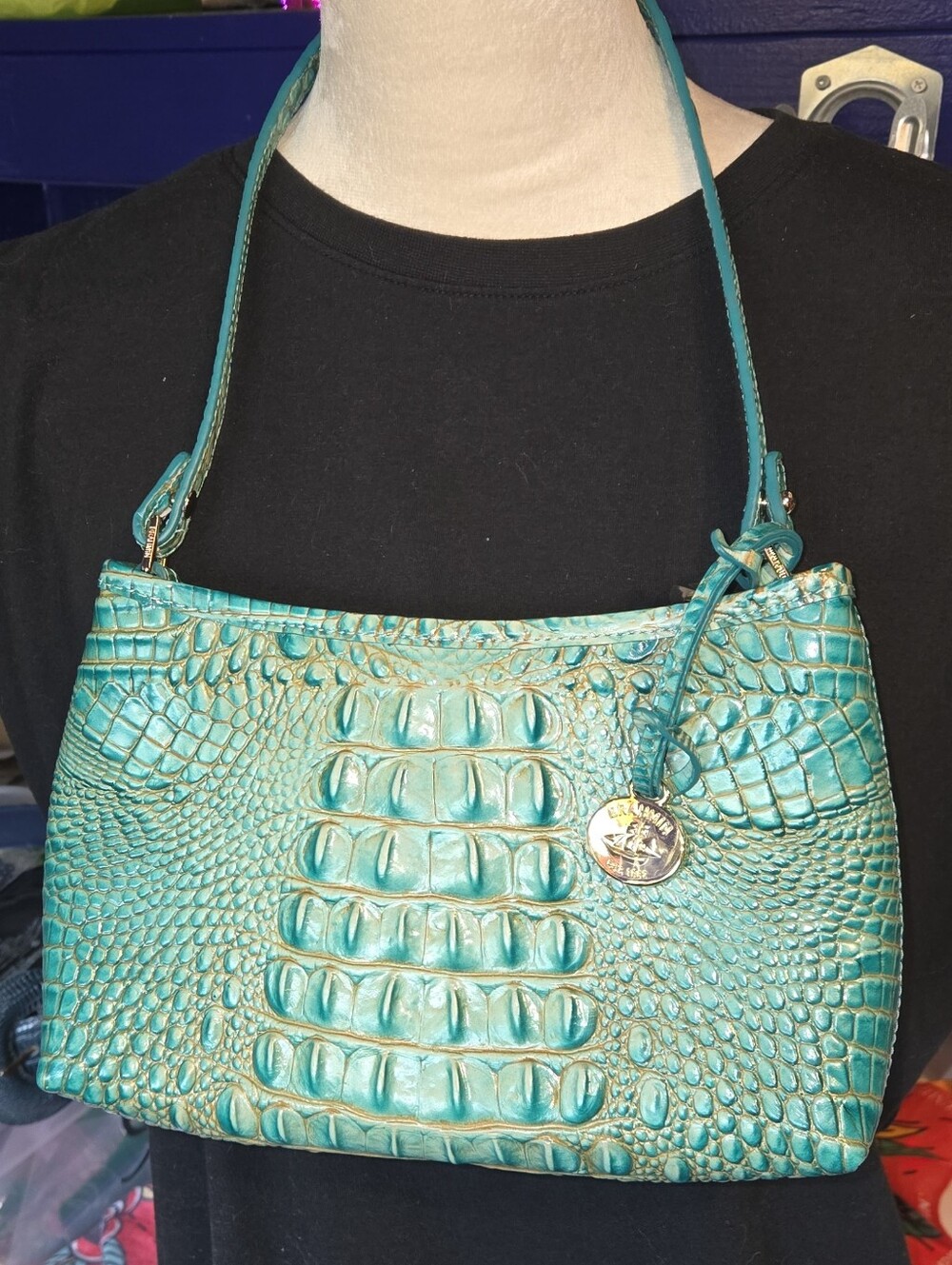 Brahmin Teal Croc-Embossed Shoulder Bag with Gold Charm